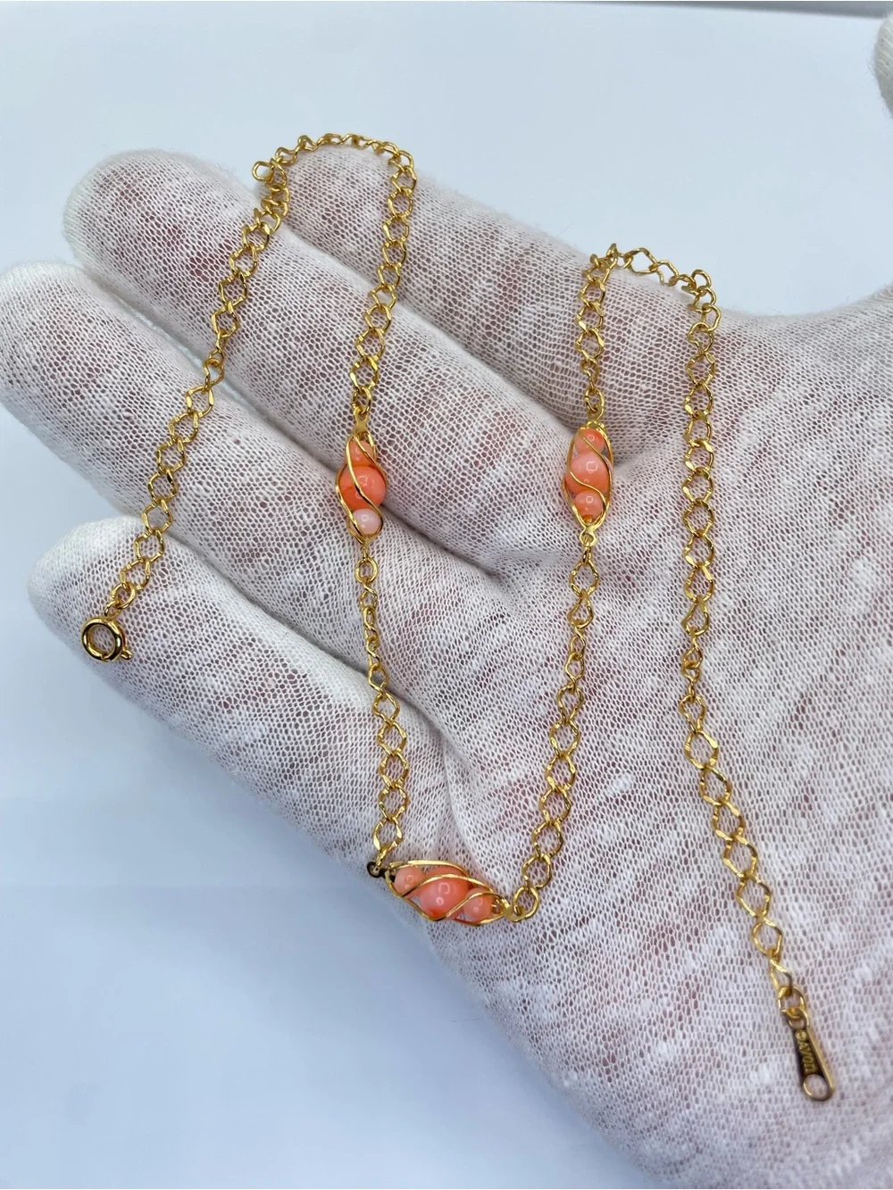 Avon Coral Red Glass Beaded Necklace Vintage Wire Wrapped Station Chain Necklace